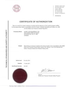 TSSA manufacture of pressure vessels certificate Sure Flow