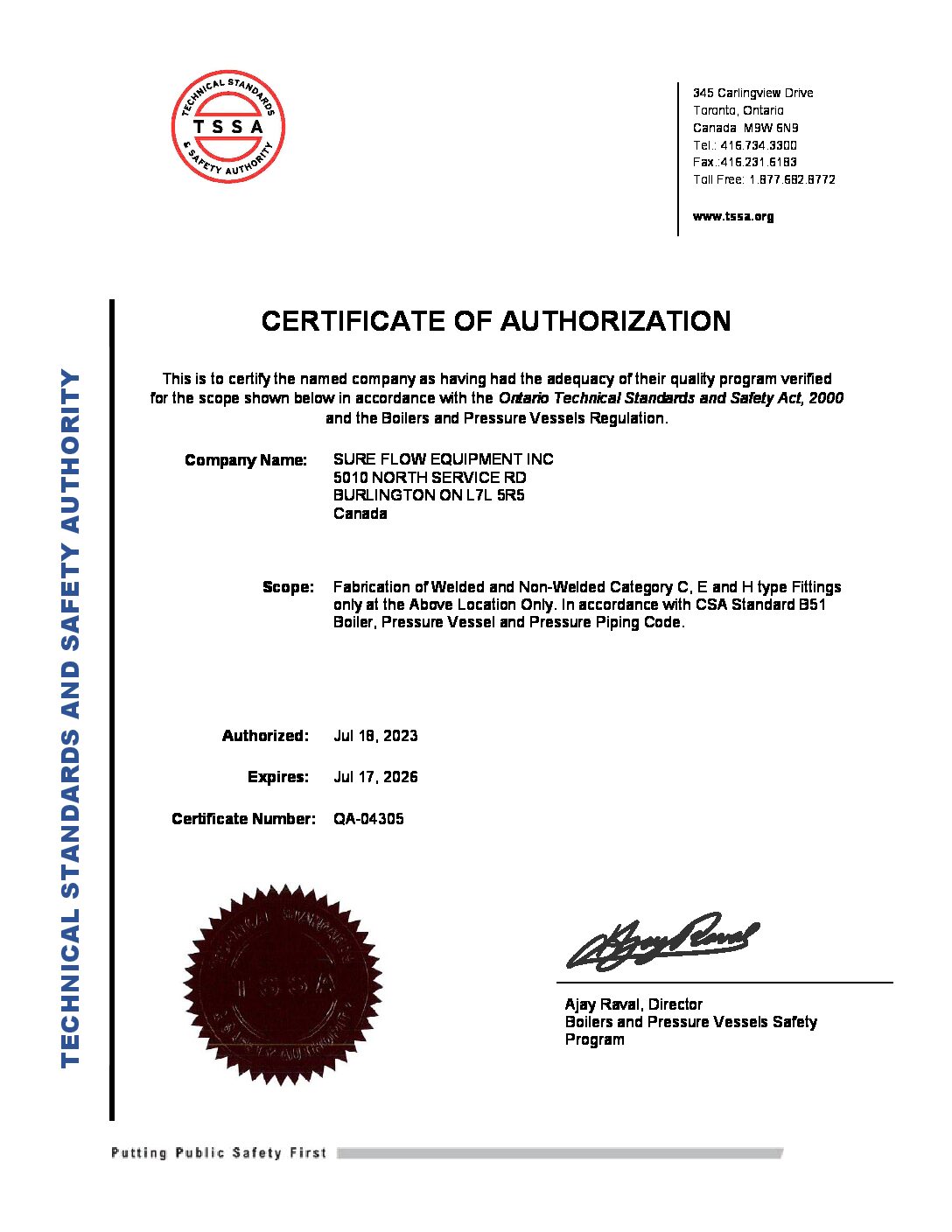 TSSA Fabrication of Welded and Non-Welded Category E and H 2026 Certification for Sure Flow