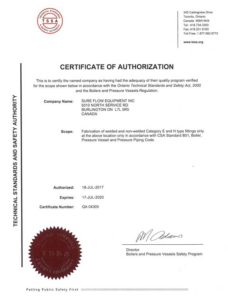 Sure Flow TSSA Certificate of Authorization QA4305