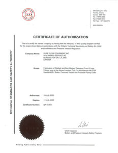 TSSA Certificate of Authorization category type H fittings