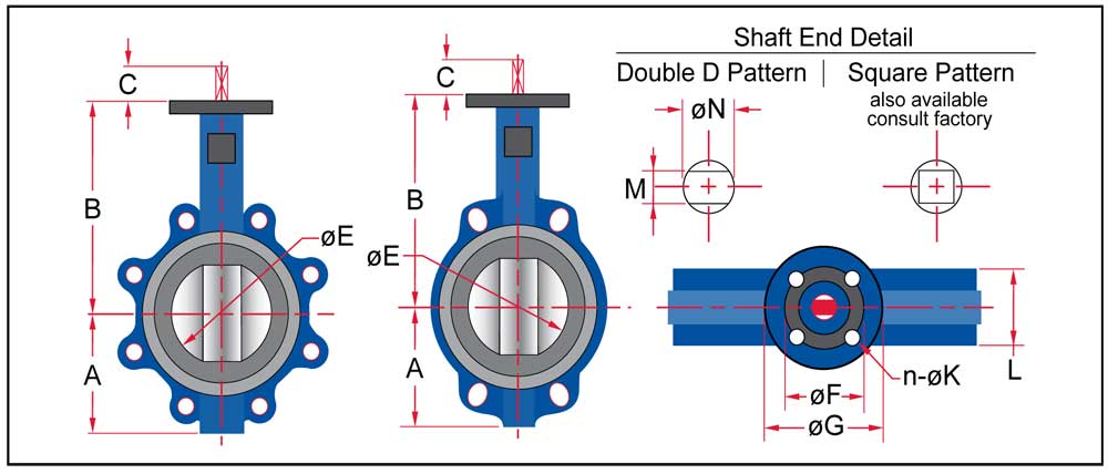 Wafer and Lug Dimensional Data schematic for Sure Flow Butterfly Valve