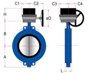 schematic gear operator dimensional data for Sure Flow butterfly valve