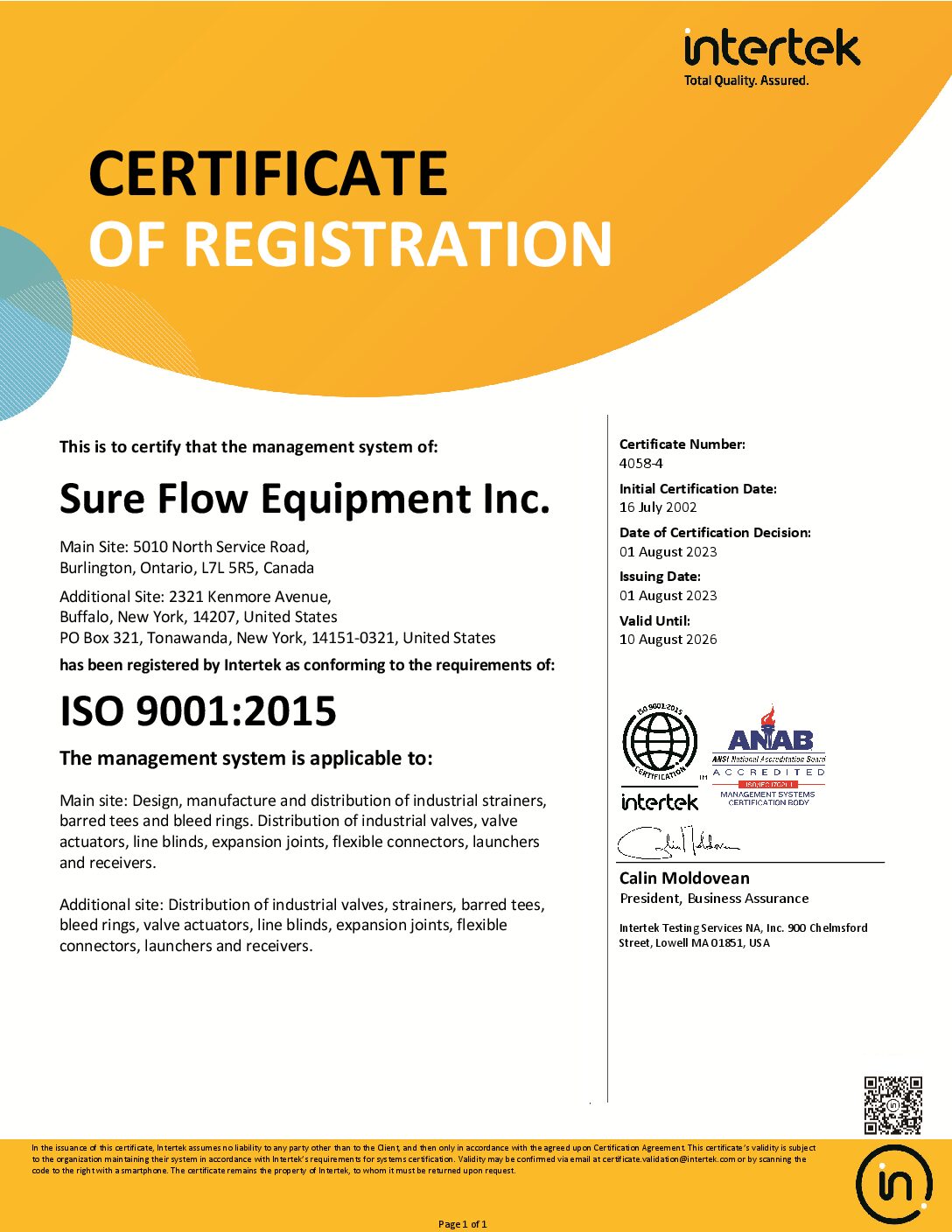ISO 9001 2015 Certificate Sure Flow Equipment Inc to 2026