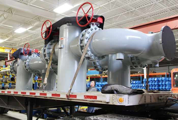 Two of three DBHs Dual Basket Strainers strapped on trailer