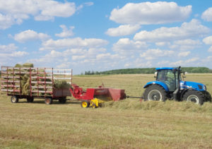 Penni driving tractor making square hay bales