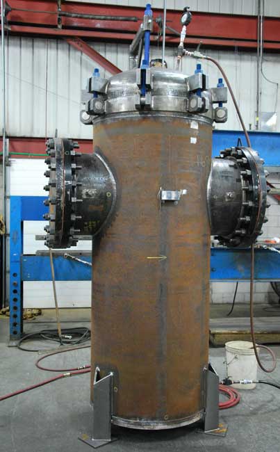 large basket strainer being hydrotested Sure Flow Equipment