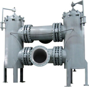 24 inch fabricated dual basket strainer with pressure equalizing connection
