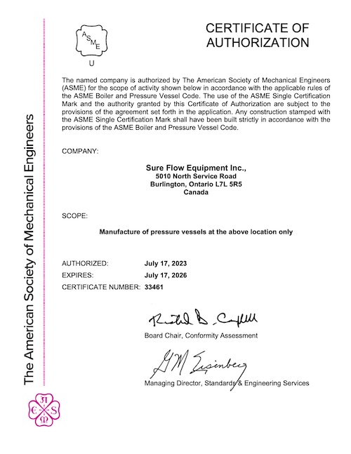 Sure Flow Equipment ASME-U certificate 2023-2026