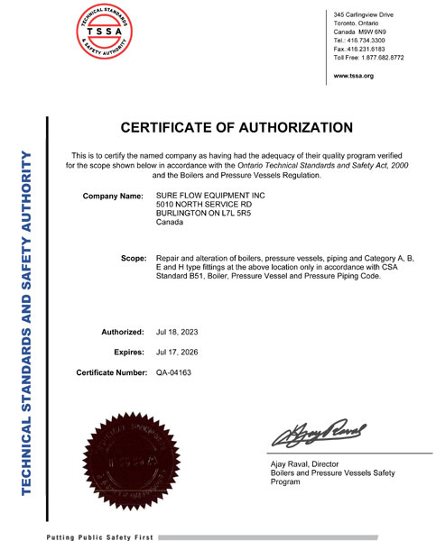 TSSA Repair and Alteration of boilers and pressure vessels Certifcate for Sure Flow Equipment to 2026