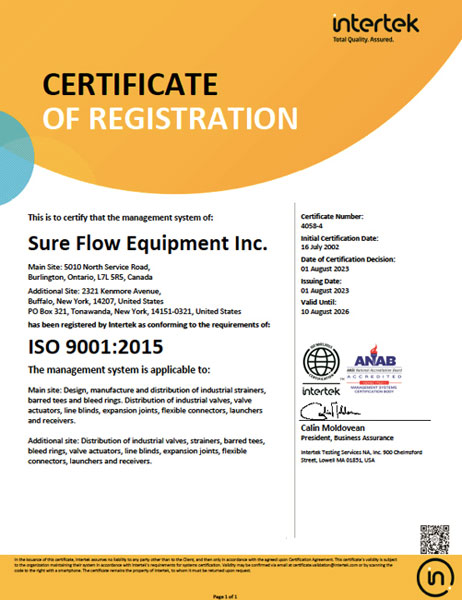 ISO 9001 2015 Certificate Sure Flow Equipment Inc to 2026