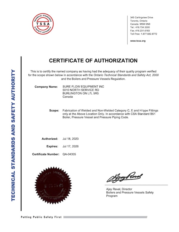 TSSA Fabrication of Welded and Non-Welded Category E and H 2026 Certification for Sure Flow